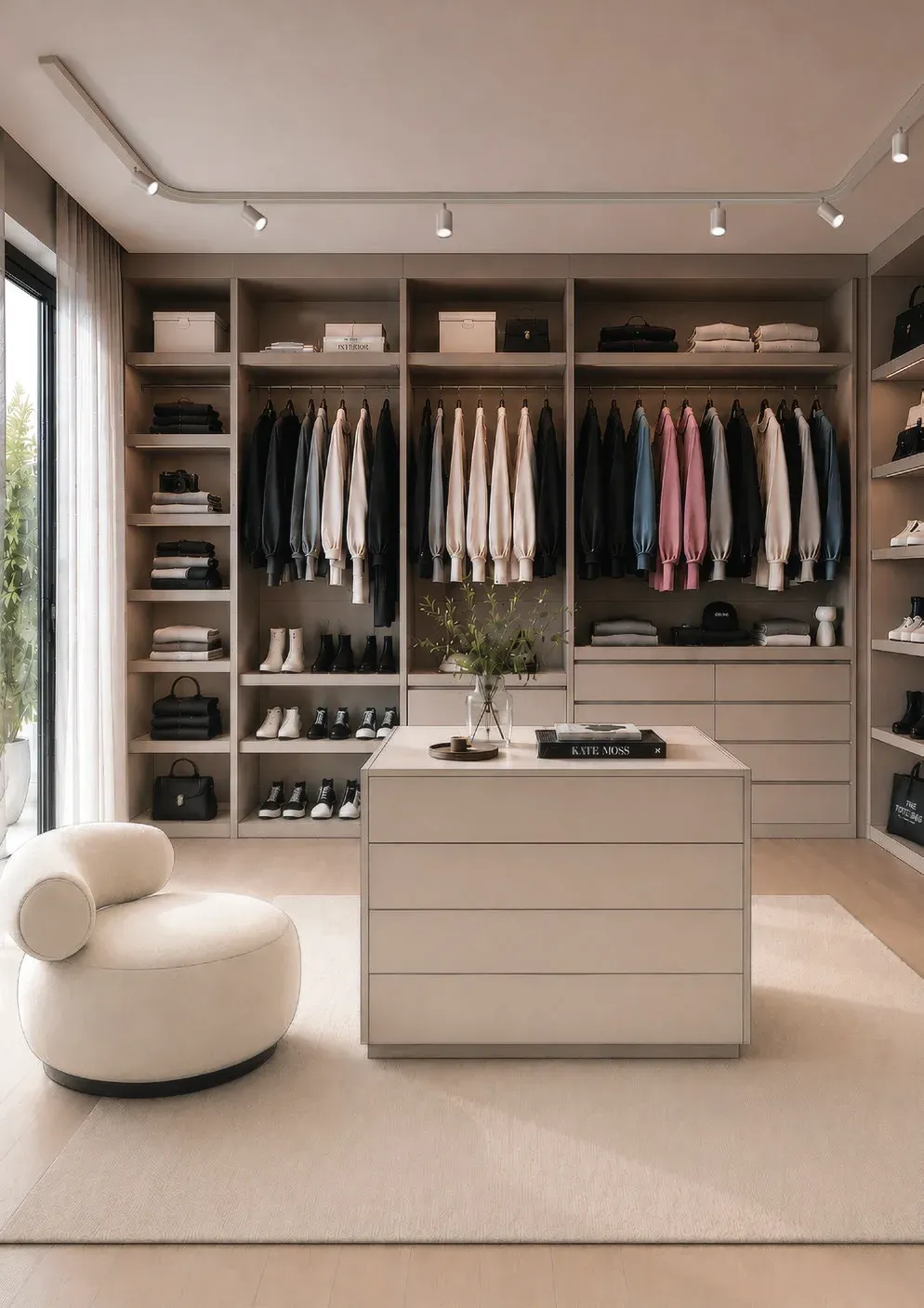 Ankleidezimmer mit TRIvario Schiene und Spots an der Decke